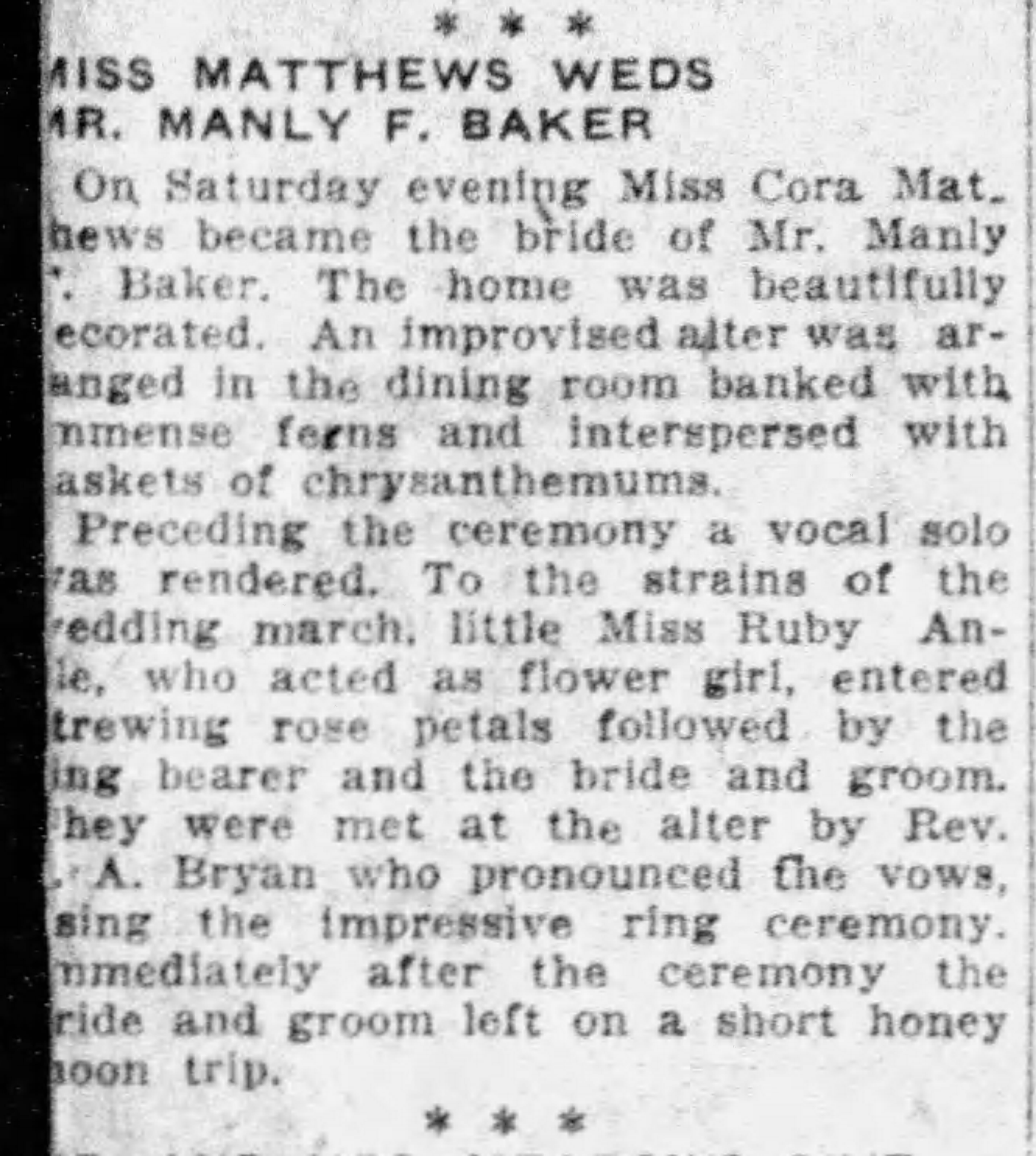 Miss Matthews Weds Mr. Manly F. Baker